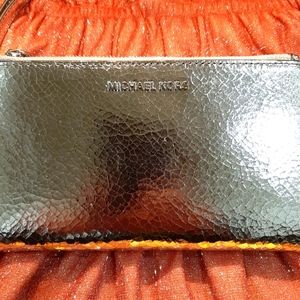 Silver Michael Kors Crackled Metalic Leather Long Wallet